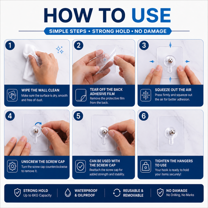 Reusable Adhesive Wall Hooks - Pack of 10