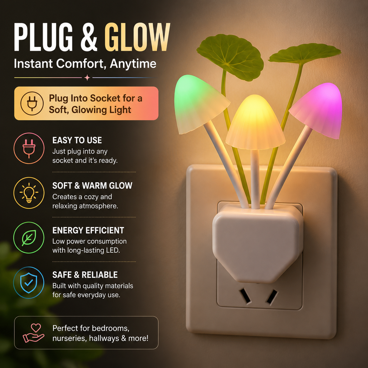Mushroom Night Lamp – Color Changing LED Night Light for Bedroom & Kids Room