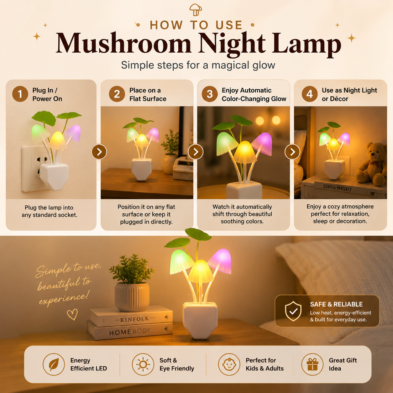 Mushroom Night Lamp – Color Changing LED Night Light for Bedroom & Kids Room