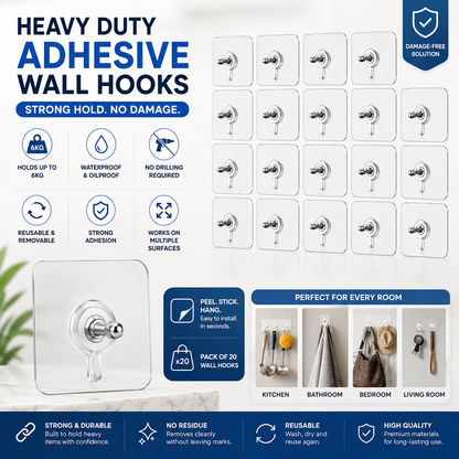 Reusable Adhesive Wall Hooks - Pack of 10