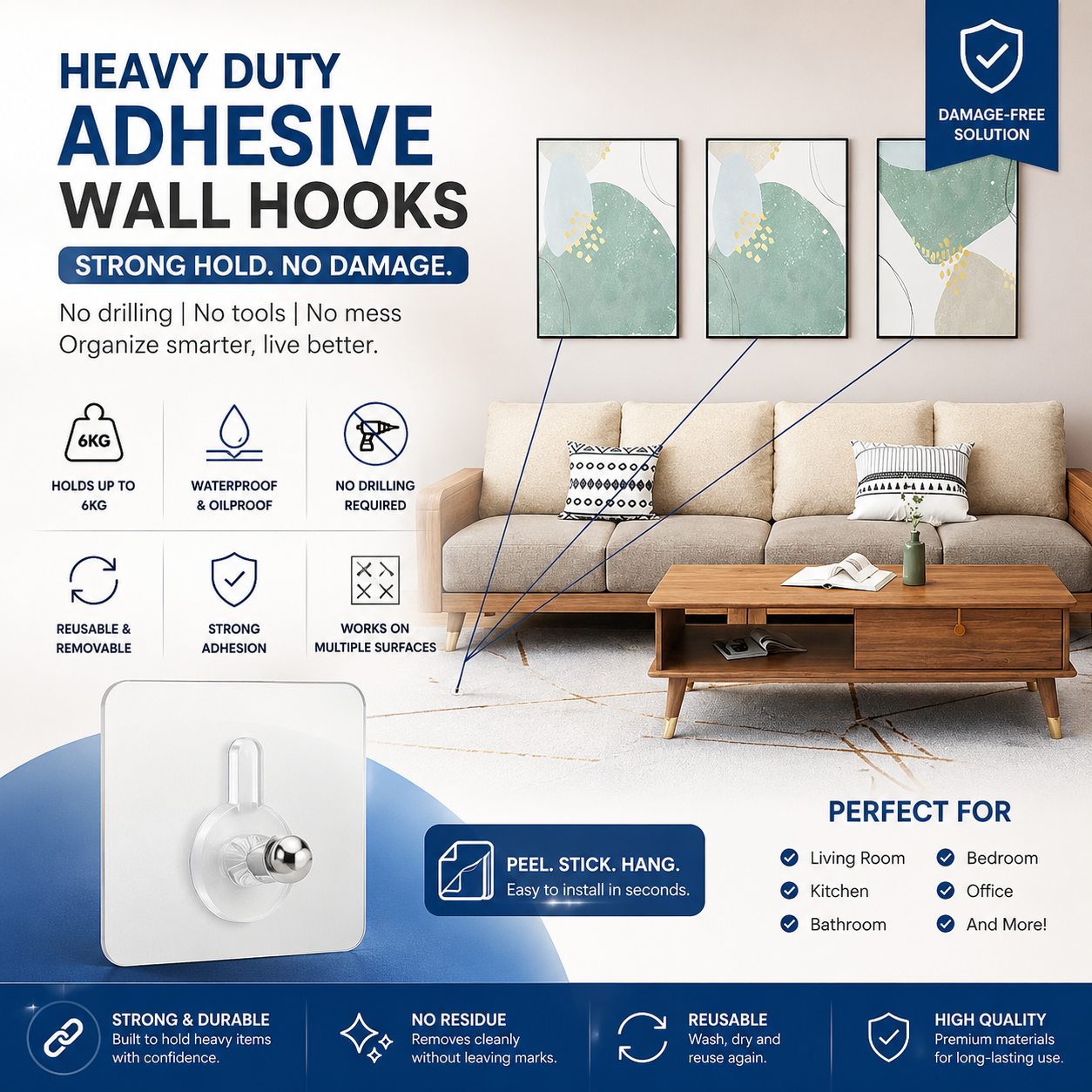 Reusable Adhesive Wall Hooks - Pack of 10