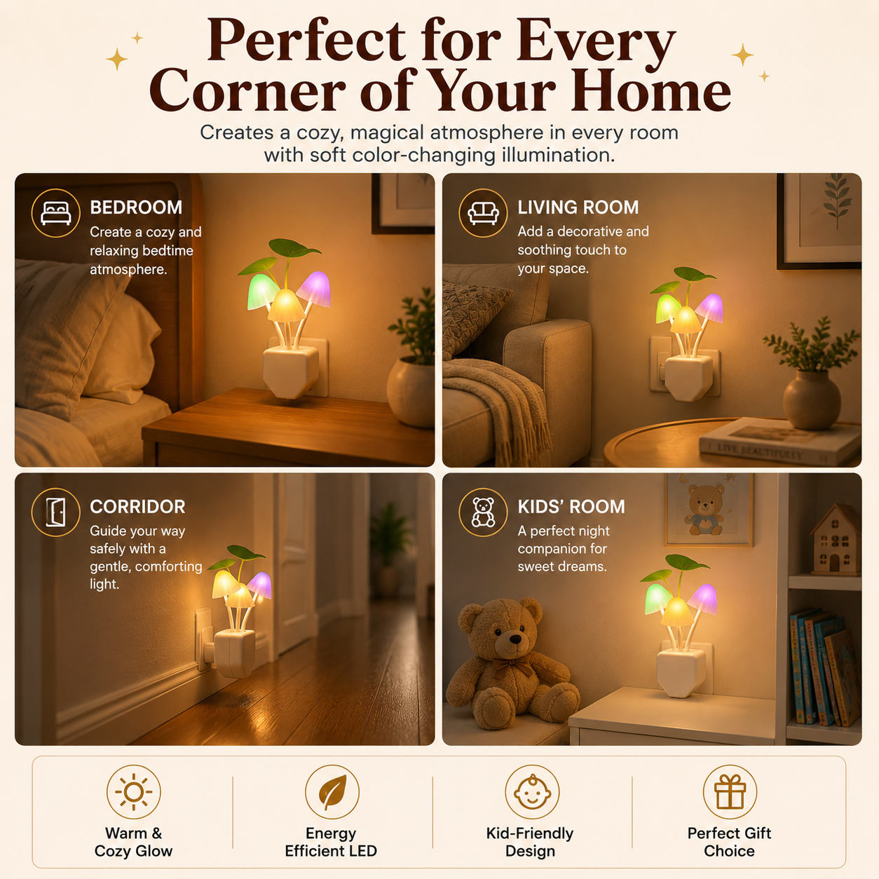 Mushroom Night Lamp – Color Changing LED Night Light for Bedroom & Kids Room